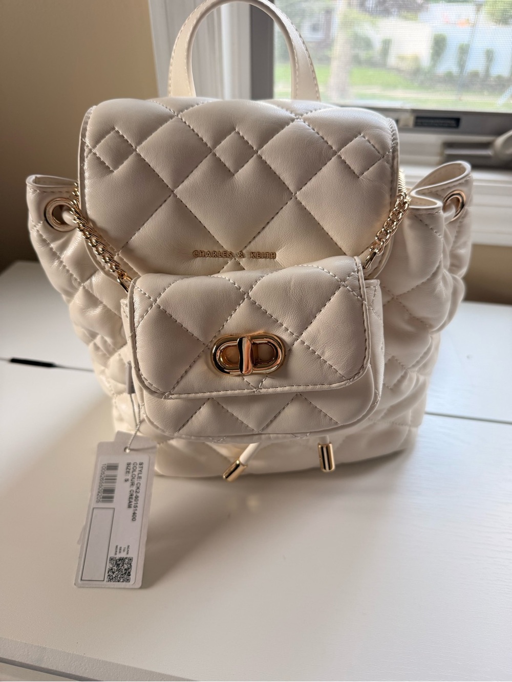 NWT Charles & Keith Aubrielle Cream Quilted Mini Backpack with Gold Hardware